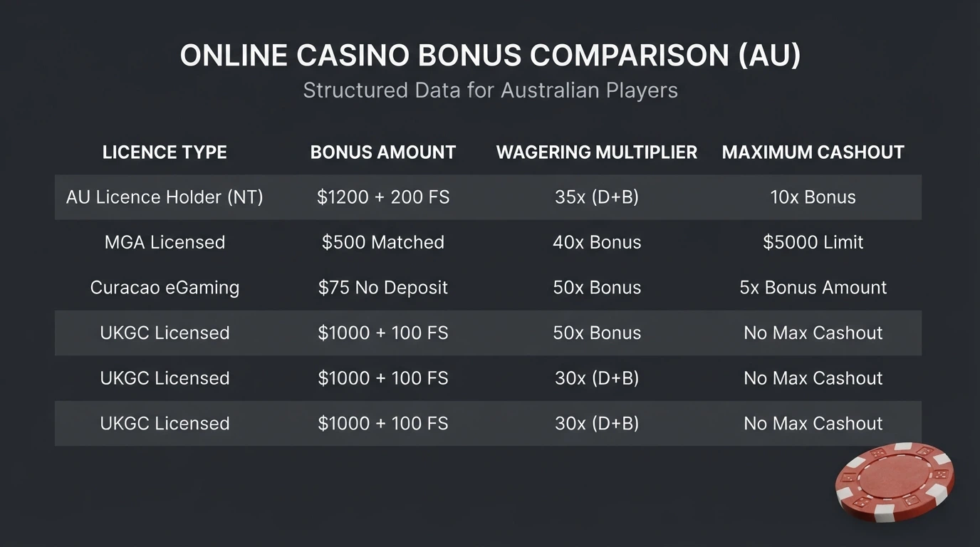 A comparison-table layout with casino names, bonus amounts and wagering columns on a dark themed background