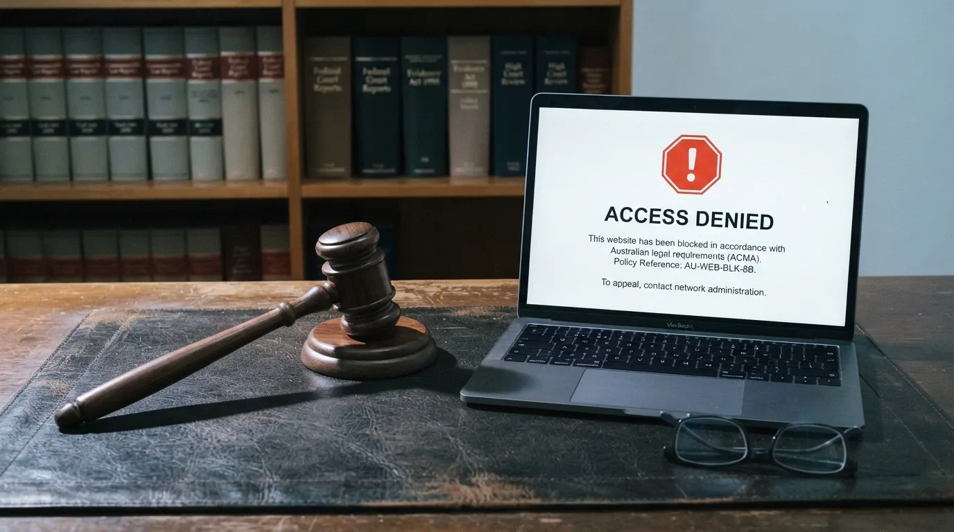A government document or official webpage showing the ACMA logo and blocked-website notice, with a gavel or legal reference