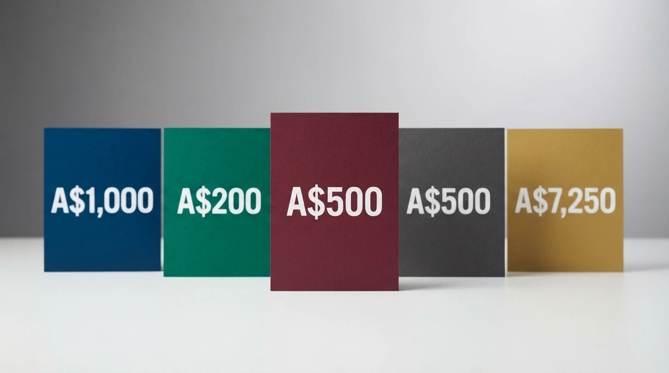 A grid of casino-branded cards arranged in a row, each showing a different welcome bonus amount and free-spin count, with one card pulled forward.