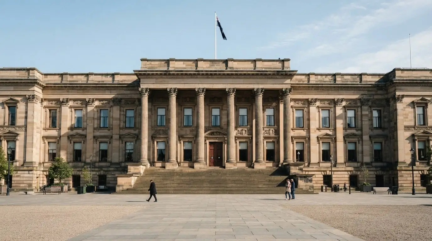 The ACMA website homepage or a government building exterior with the Australian coat of arms visible, framed to convey regulatory authority