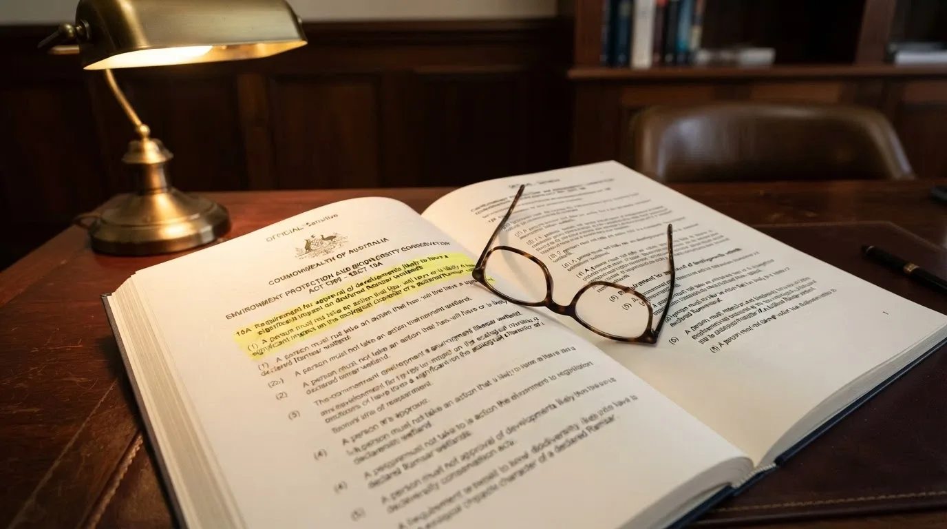 A government-styled document titled Interactive Gambling Act 2001 with a highlighted passage on a desk