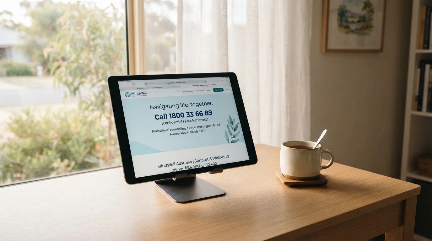 A wide shot of an iPad on a desk or table displaying the Gambling Help Online homepage, with the helpline number 1800 858 858 legible on screen