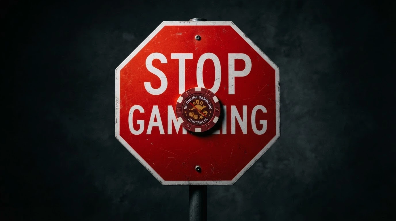A close-up of the Interactive Gambling Act 2001 document title page or a stop-sign graphic overlaid with a casino-chip icon, on a dark background