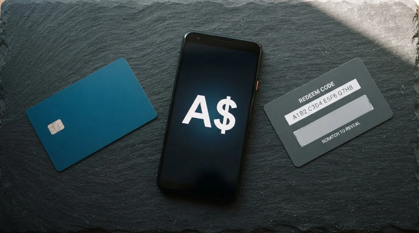 A flat-lay arrangement of Australian payment methods — a debit card, a phone showing a PayID transfer confirmation, and a Neosurf voucher — on a dark background