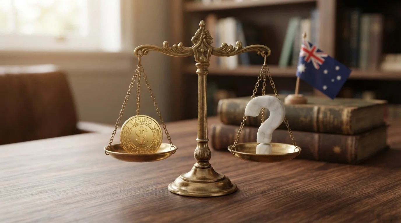 A scale weighing a “$5 bonus” chip against a question mark, on an Australian-themed background