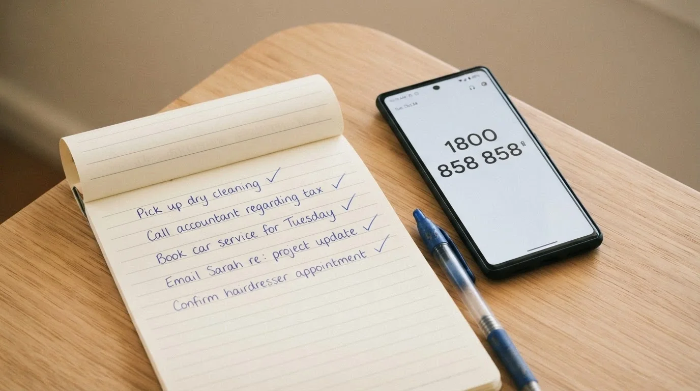 A simple notepad or checklist with five items ticked off, sitting next to a phone displaying the 1800 858 858 helpline number, against a calm, neutral background