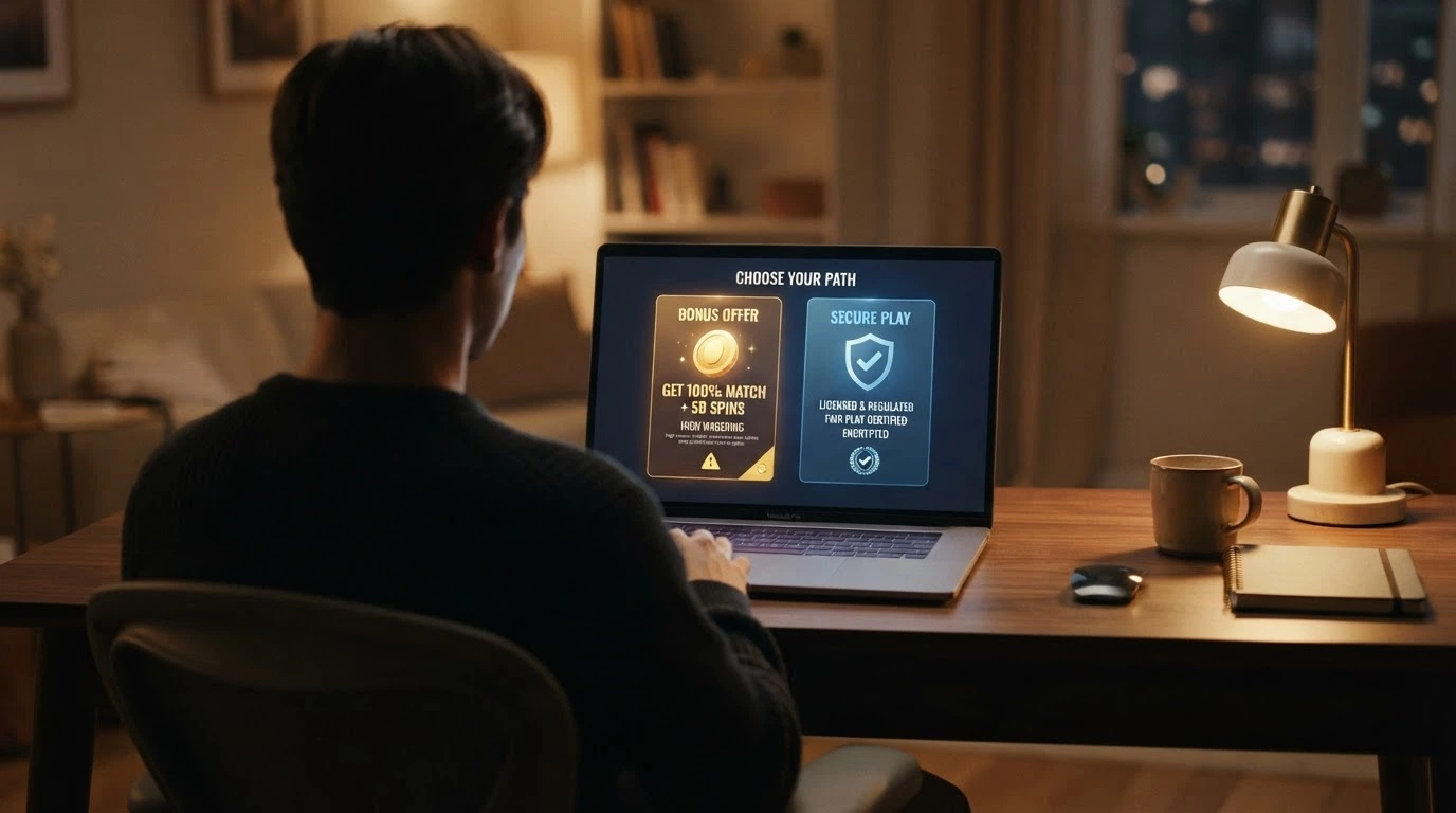 An Australian consumer looking at a laptop screen that shows two distinct paths — one labelled with a casino bonus offer and a warning symbol, the other labelled with a licensed-wagering logo and a consumer-protection shield