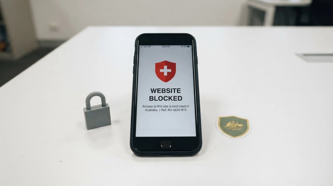 A smartphone displaying a blocked-site notice beside an Australian consumer affairs logo, with a locked padlock icon in the foreground