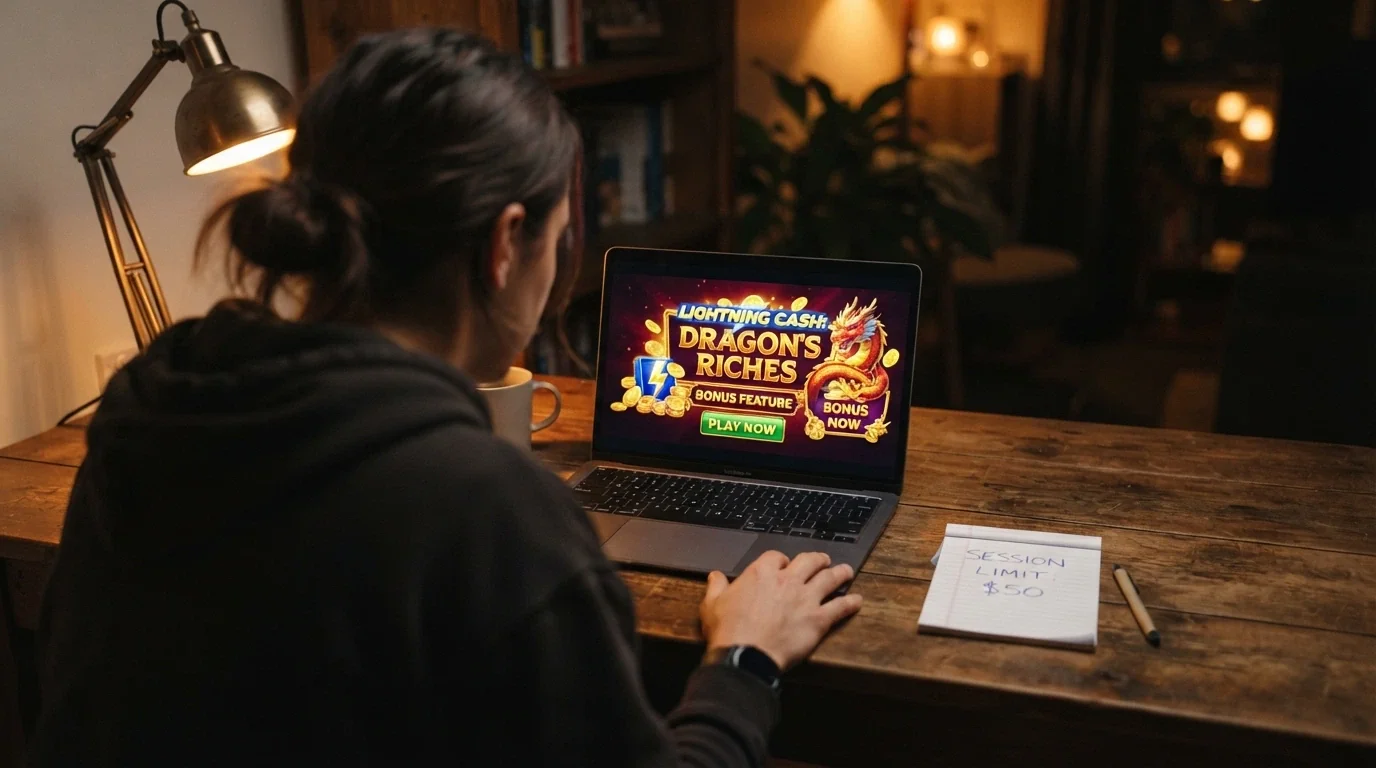 An Australian player at a desk looking at a screen showing a 7-reel slot title card beside a notepad with a handwritten session limit