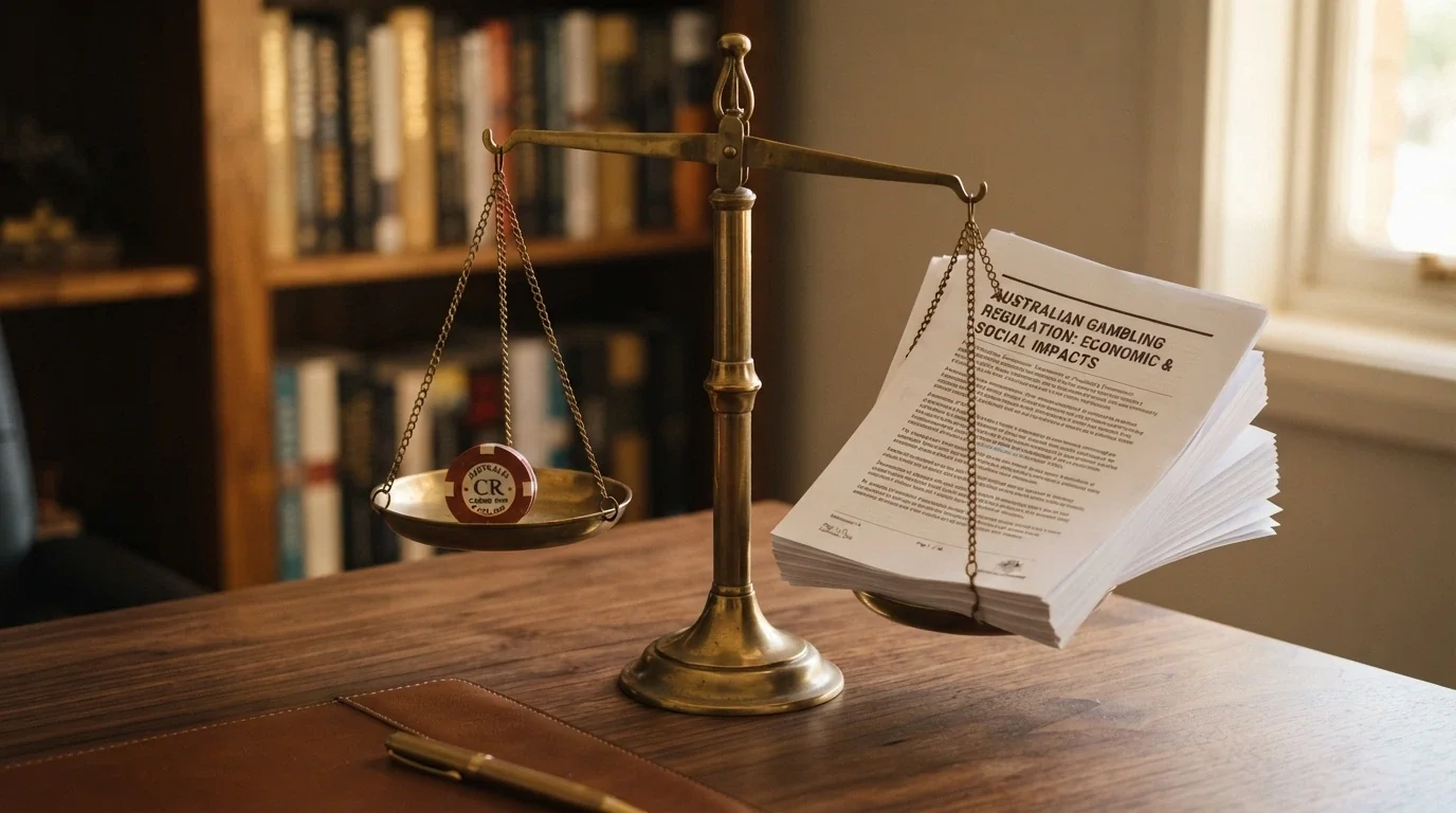 A balance scale with a single casino chip on one side and a stacked document labelled “Bonus Terms & IGA” on the other, the document side visibly heavier