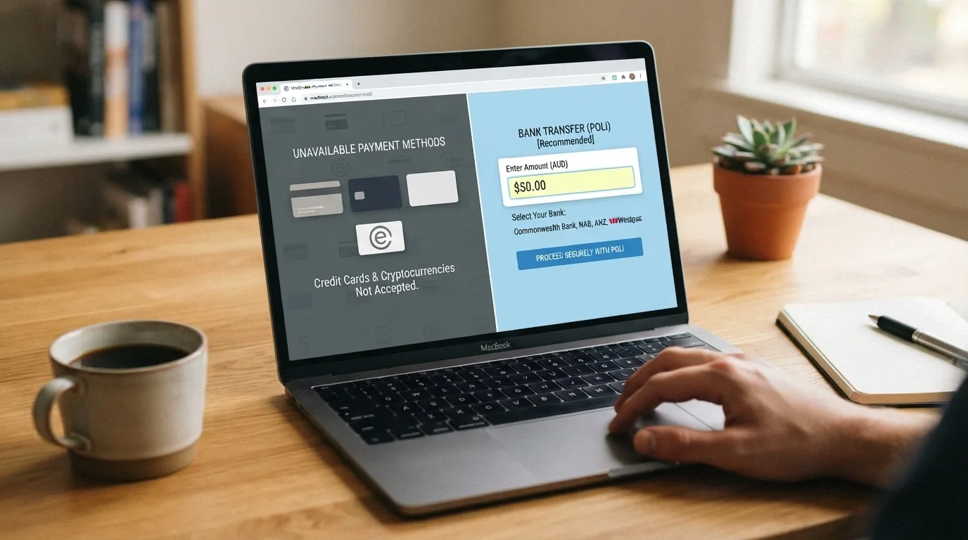 A payment screen split between credit card and crypto icons on one side and a PayID bank transfer on the other