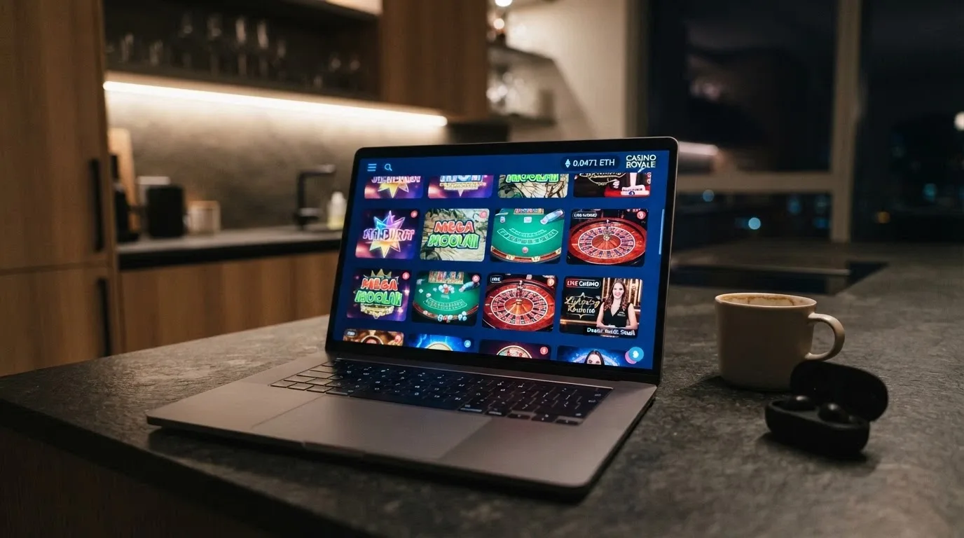 A casino game lobby screen showing tiles across slots, live dealer and table-game categories with a cryptocurrency balance displayed in BTC and USDT