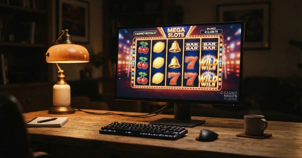 A grid of colourful 1spin4win slot reels on a desktop screen with the studio logo visible