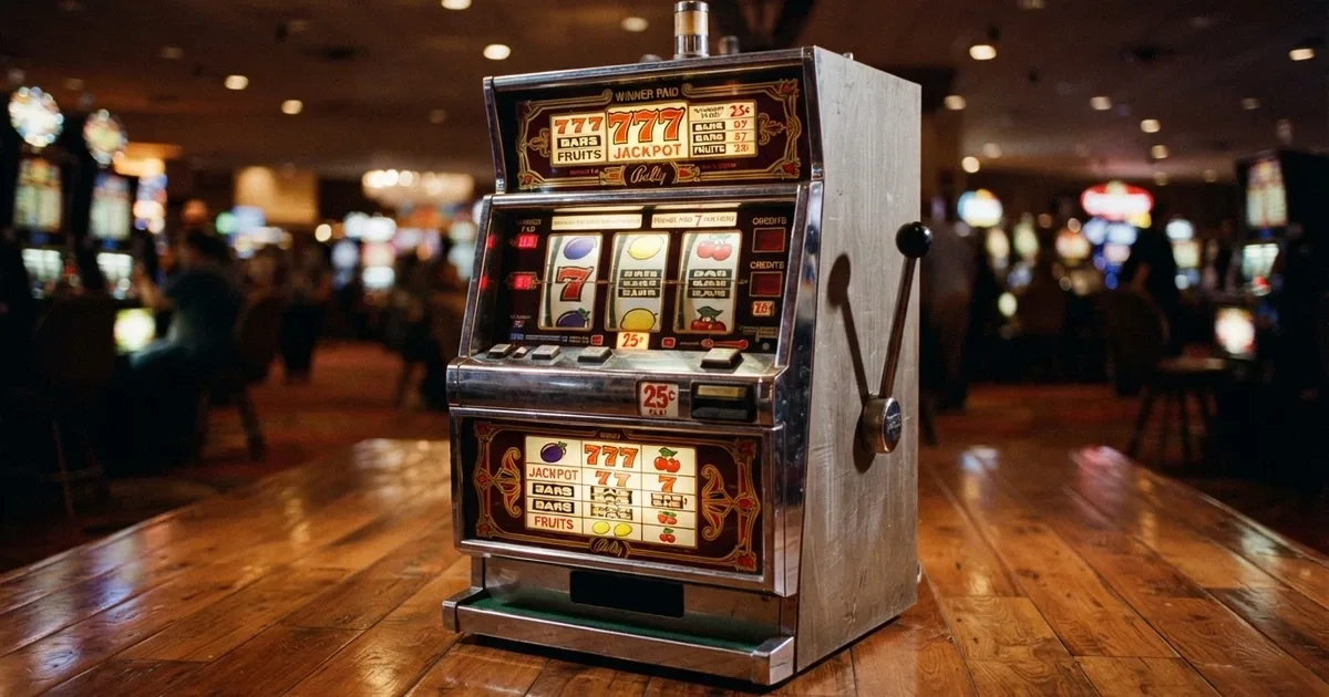A classic three-reel slot machine with fruit symbols, bars, and a lucky seven lined up across the centre payline