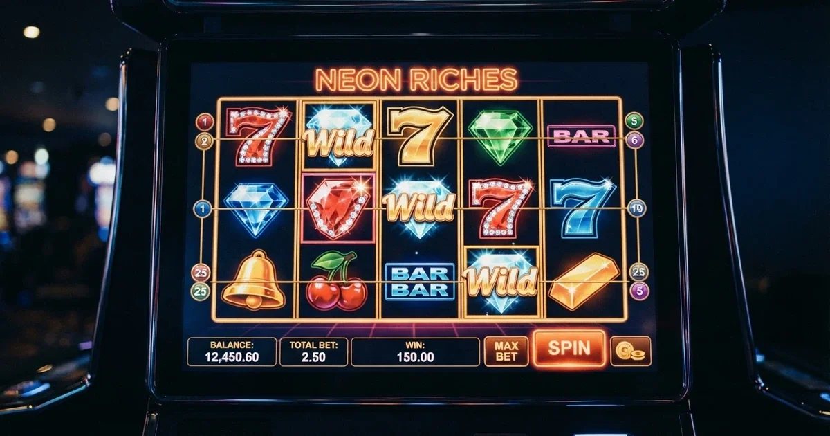 A 5-reel online pokie screen with bright symbols arranged across five reels and three rows