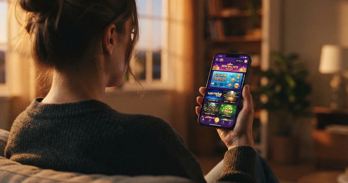 A smartphone screen displaying a mobile casino lobby with pokies thumbnails and an AUD balance, held in a hand against a neutral background