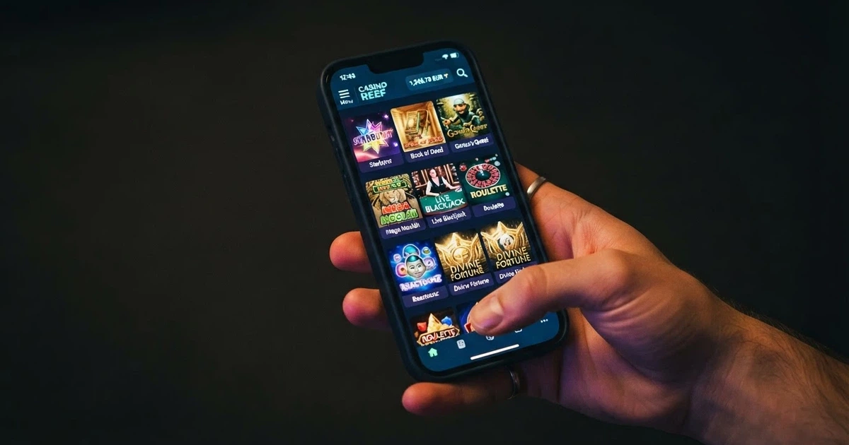 A smartphone screen displaying a casino-style lobby with game thumbnails, held in one hand against a neutral dark background