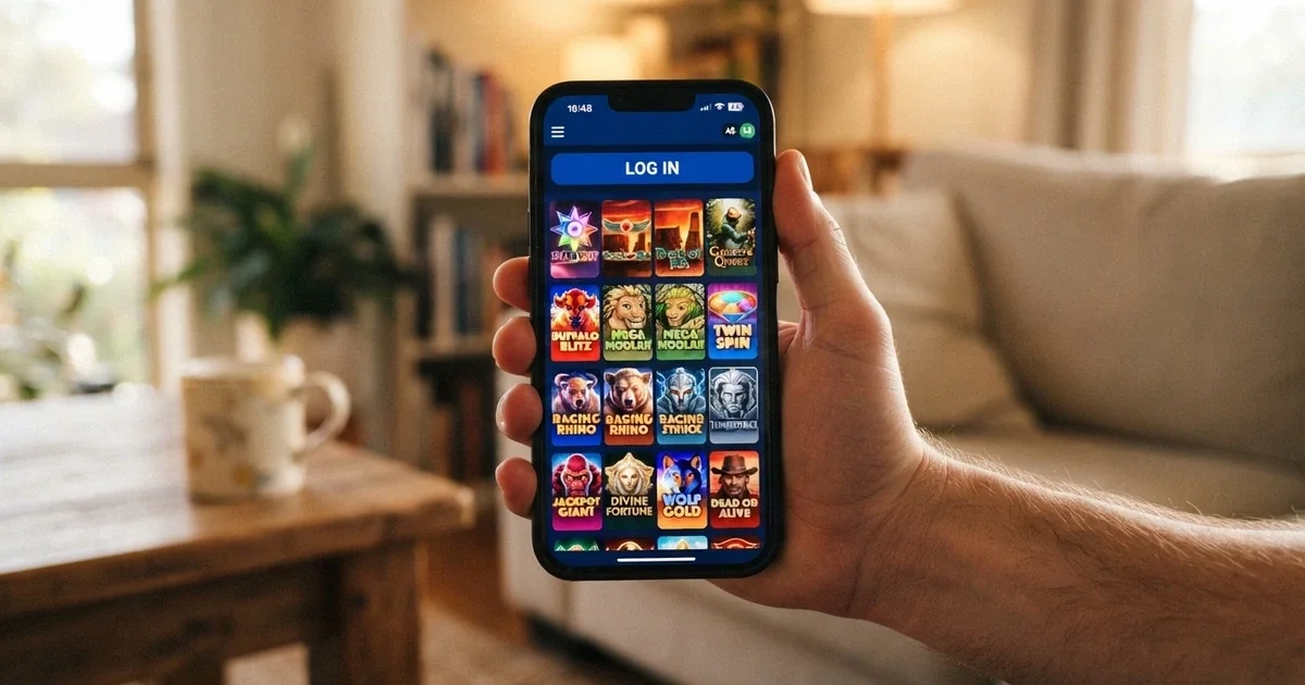 An iPhone held in one hand showing a casino PWA home screen with pokies thumbnails and a login button