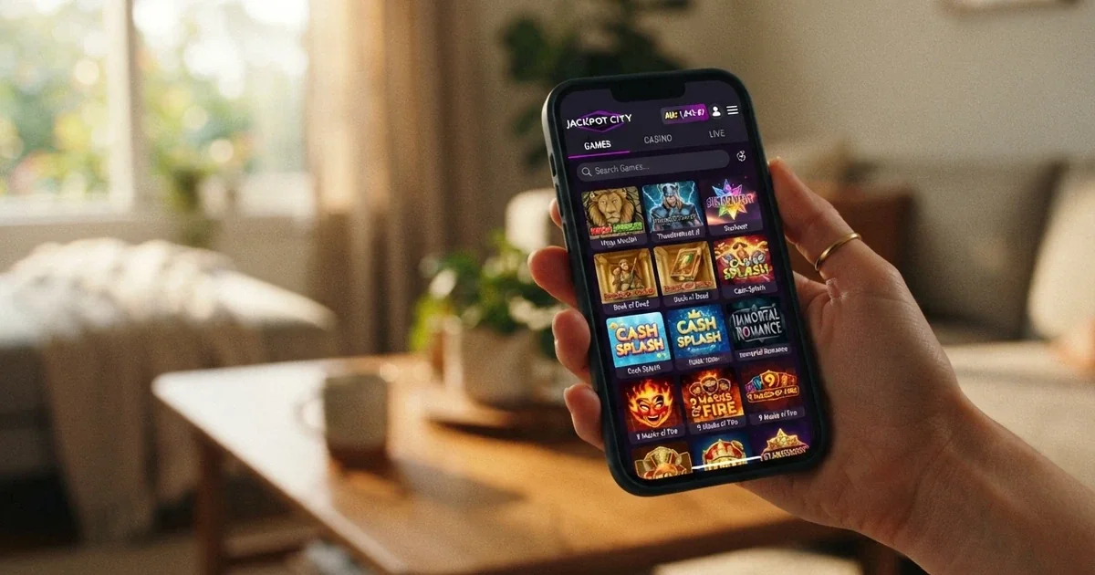 A smartphone held in one hand displaying a casino app lobby with rows of pokies thumbnails and an AUD balance visible at the top of the screen