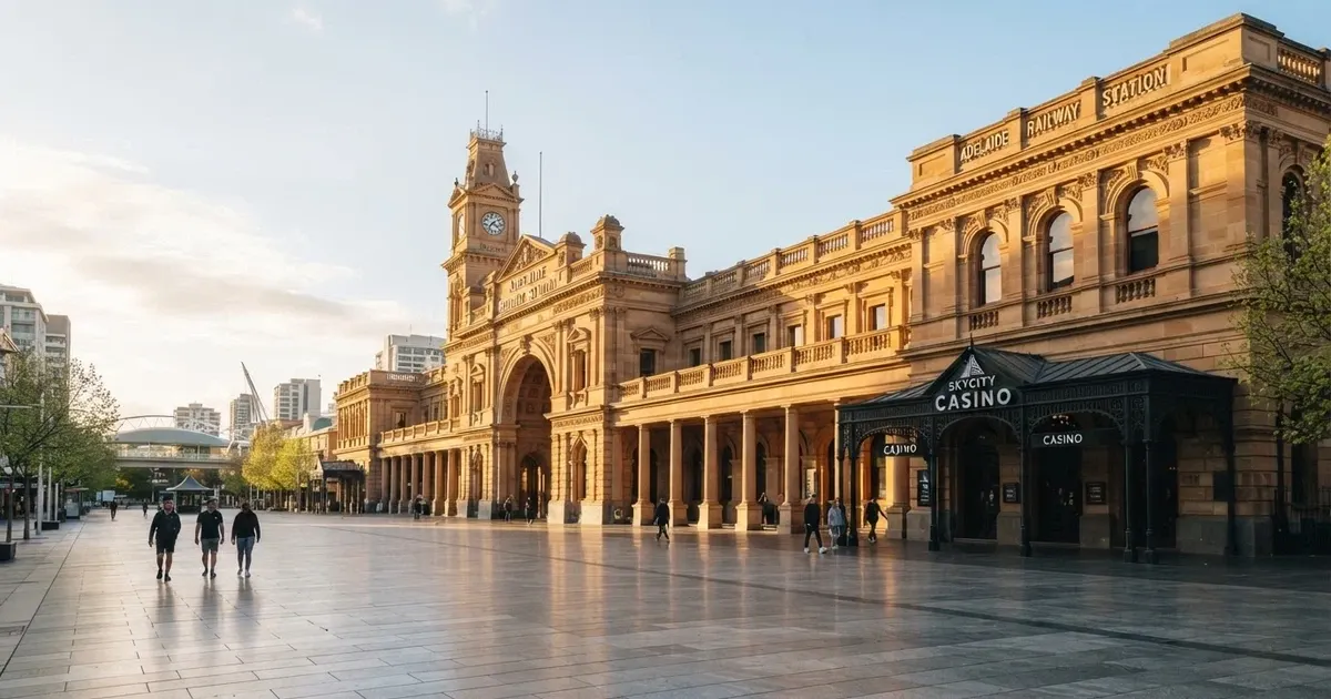 The heritage sandstone façade of the Adelaide Railway Station building on North Terrace, home to SkyCity Adelaide, with the Festival Plaza forecourt visible in daylight