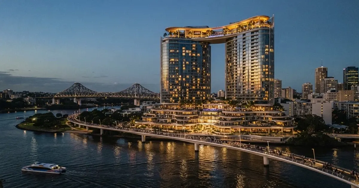 The Star Brisbane's twin crescent towers and Sky Deck illuminated at dusk above the Brisbane River, with the Story Bridge in the distance