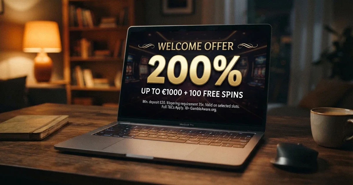 A laptop screen displaying an online casino welcome-bonus banner with a large matched-deposit percentage figure and smaller terms text below