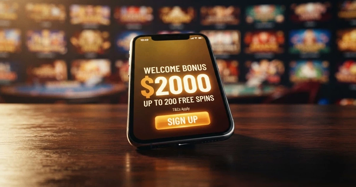 A smartphone screen showing an online casino sign-up page with a welcome bonus offer in Australian dollars