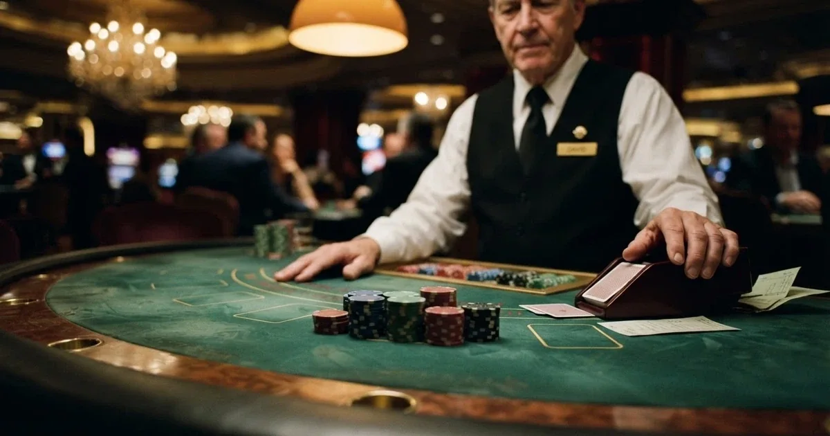 A high-stakes casino table with stacked chips and a dealer in frame