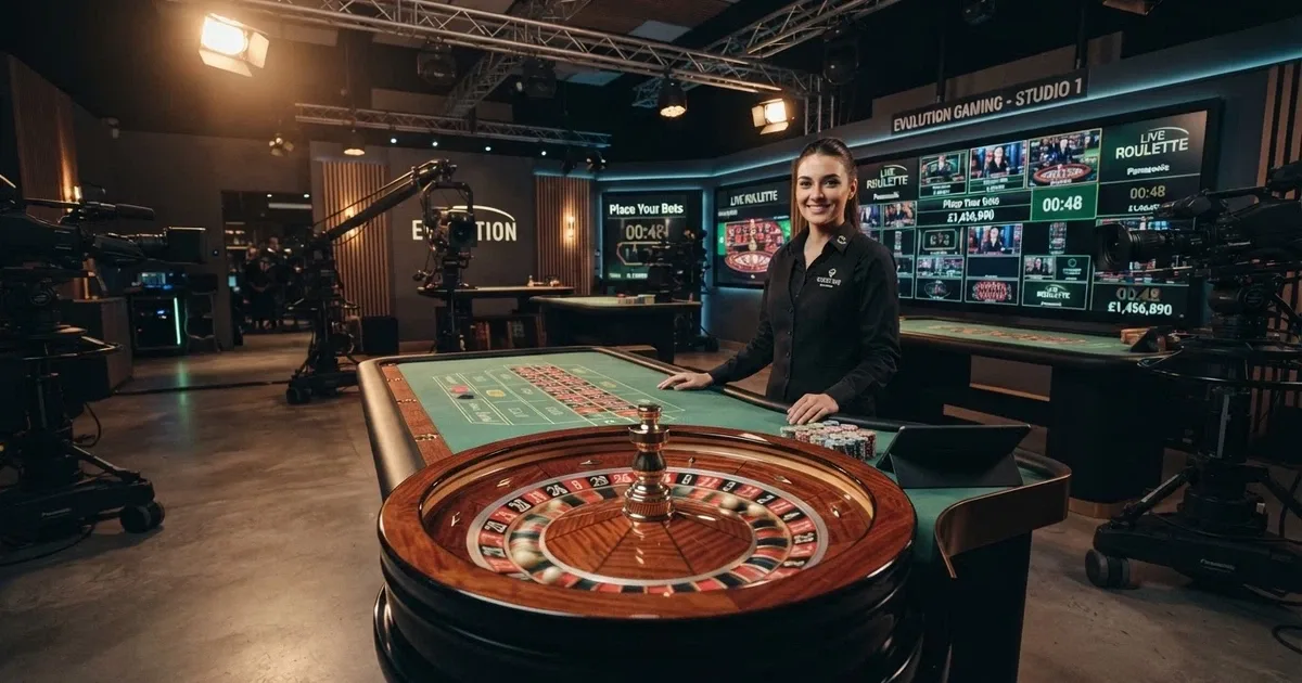 A wide shot of a live-dealer casino studio with a real roulette wheel and a human dealer framed by HD cameras and monitor walls