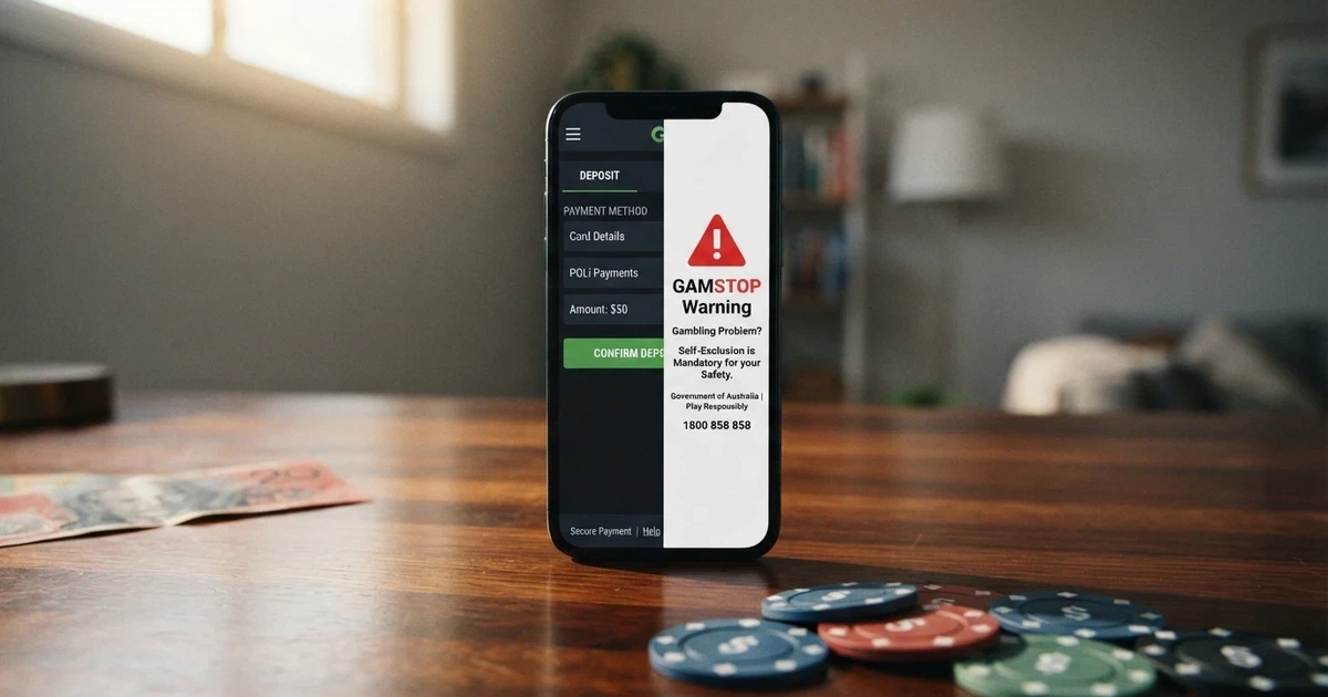 A split-screen showing a smartphone displaying an online casino cashier page on one side and an ACMA website warning on the other, with Australian currency notes partially visible beneath both