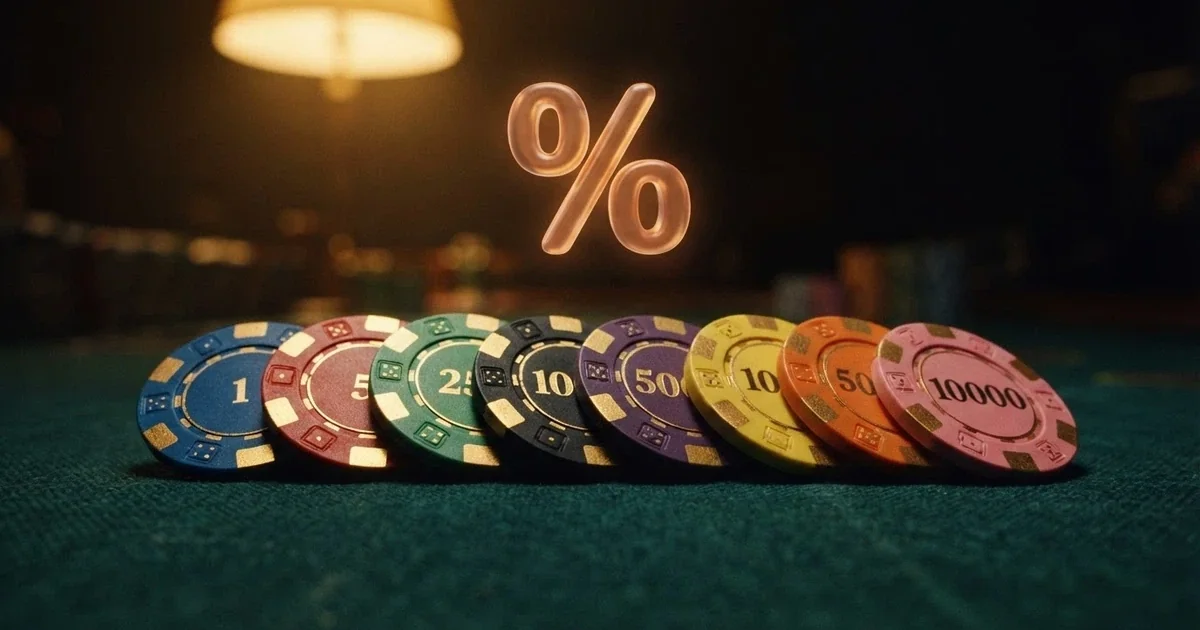 A row of casino chips with a percentage symbol superimposed over them, Australian-dollar colours