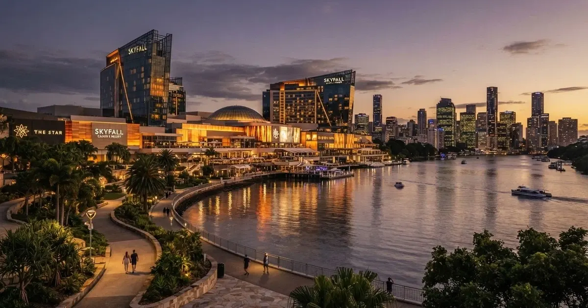 A wide view of the Crown Melbourne casino complex along the Yarra River at dusk, with the city skyline behind it
