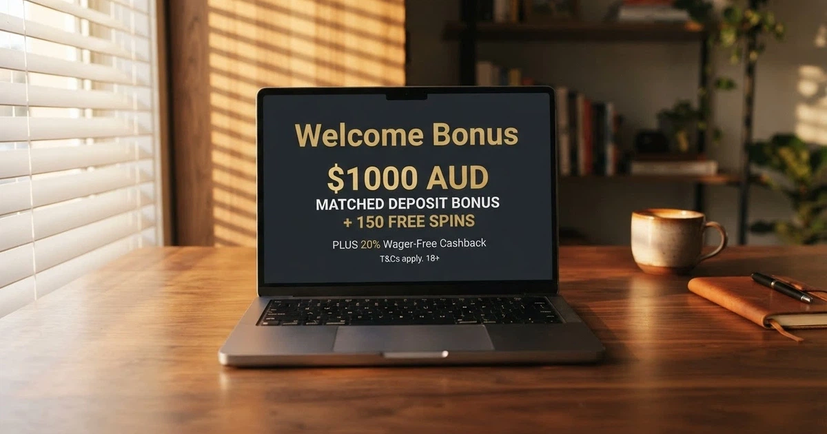 Online casino welcome bonus offers displayed with Australian dollar amounts on a screen
