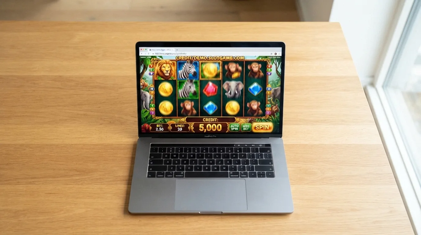 A laptop screen showing a BetSoft slot in demo mode with a large play-money balance visible and no registration form on screen