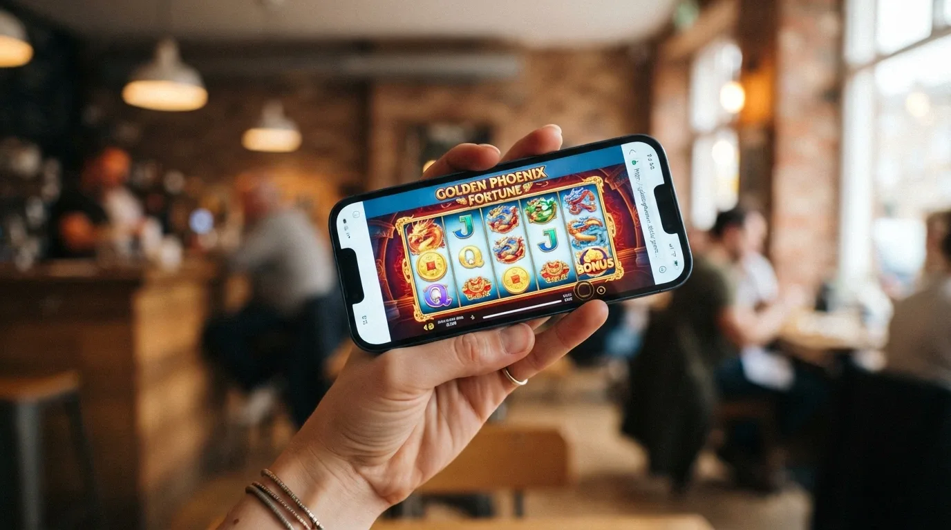 A smartphone held in one hand displaying a BetSoft slot in landscape orientation, with the HTML5 logo visible in the browser address bar