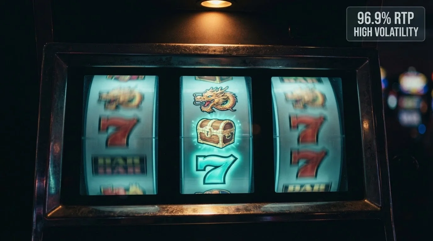 A close-up of three BetSoft slot reels mid-spin with an RTP percentage and volatility label overlaid in the corner of each, cinematic lighting