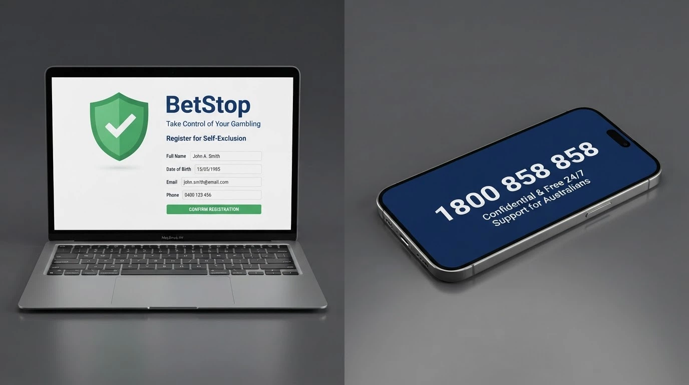 A split composition: one side shows the BetStop National Self-Exclusion Register homepage on a screen, the other shows a phone with “1800 858 858” on the display
