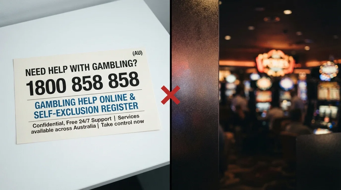 A split composition: one half shows the BetStop logo and the National Gambling Helpline number (1800 858 858) on a clean light background, the other half shows a darkened offshore-casino lobby with a crossed-out BetStop icon