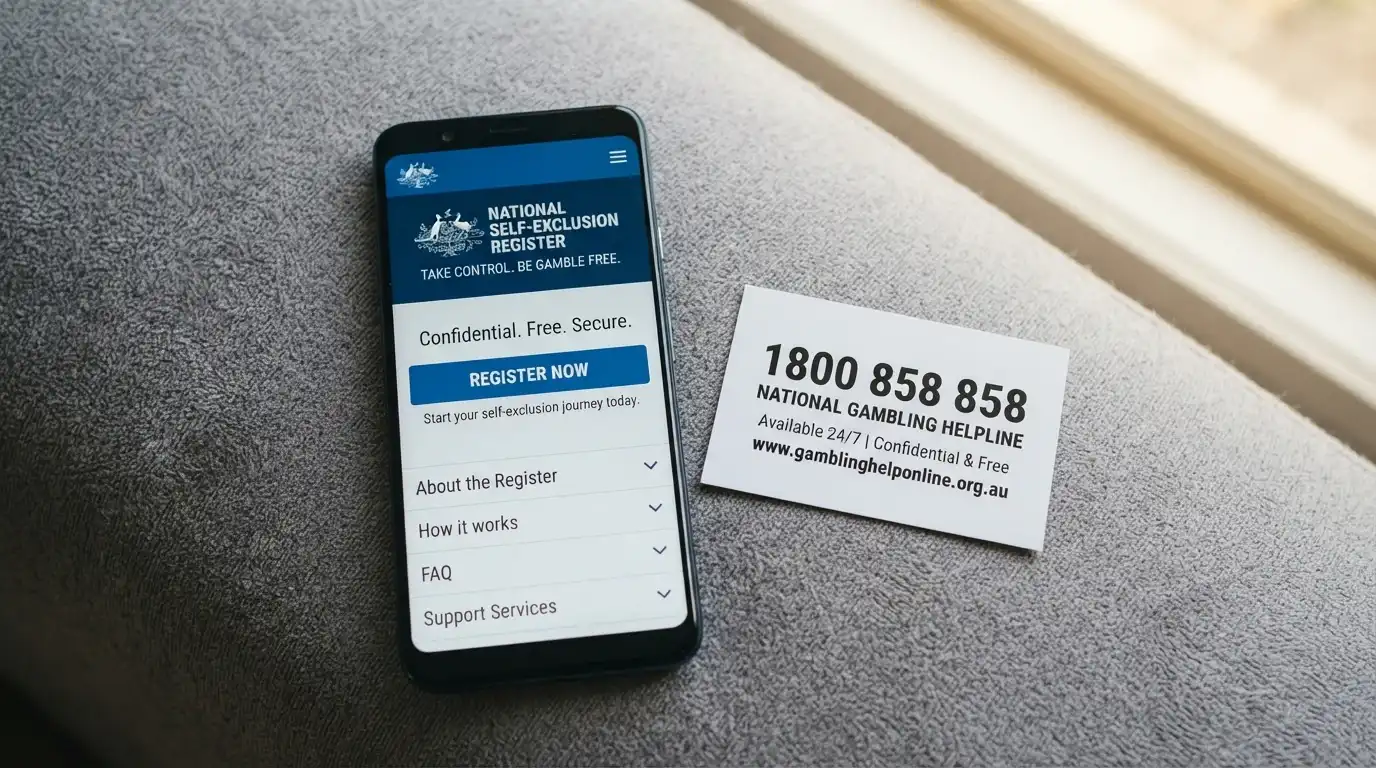 A composite of the BetStop register landing page and a phone screen showing the 1800 858 858 helpline number
