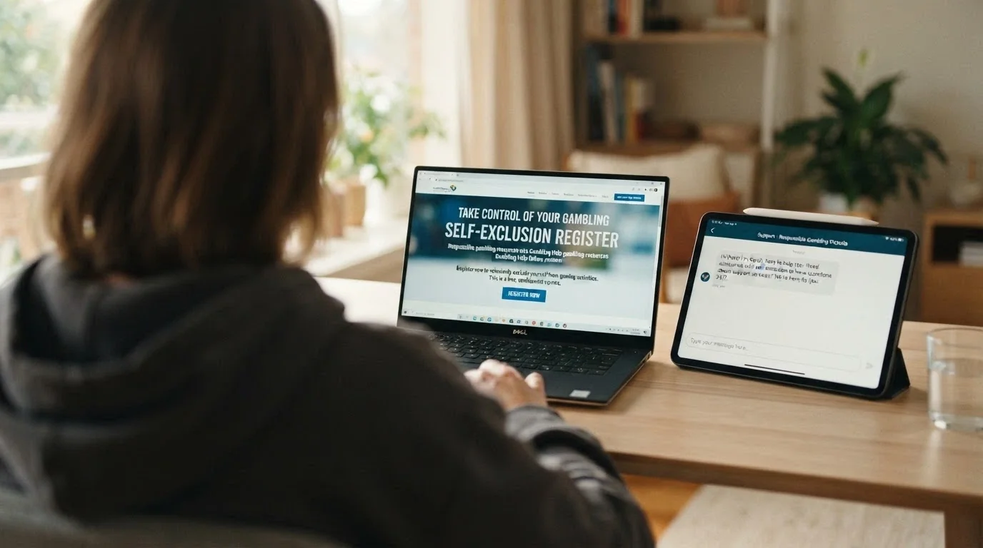 A split composition showing the BetStop register landing page on one side and a Gambling Help Online chat window on the other