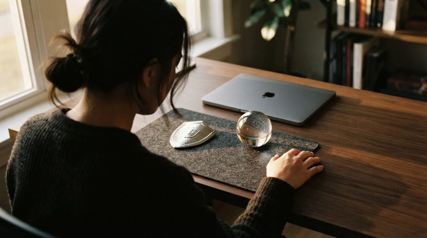 A person seated at a desk with two visible paths — one marked by a shield icon, the other by a globe icon — weighing the choice