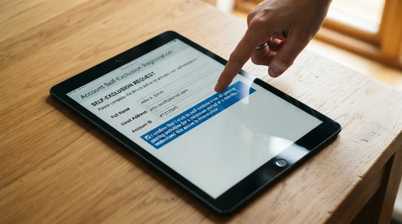 A registration form on a tablet with a self-exclusion option ticked