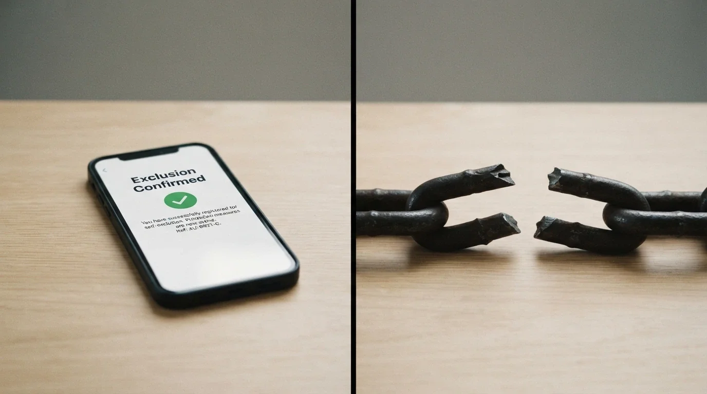 A split image showing a BetStop registration confirmation screen on one side and a broken chain link on the other
