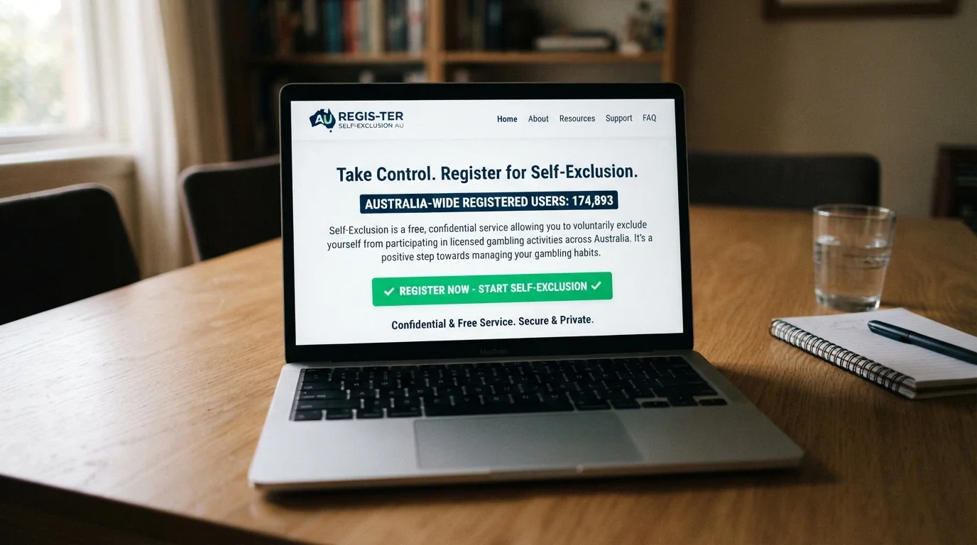 The BetStop National Self-Exclusion Register homepage on a laptop screen with the registration counter visible