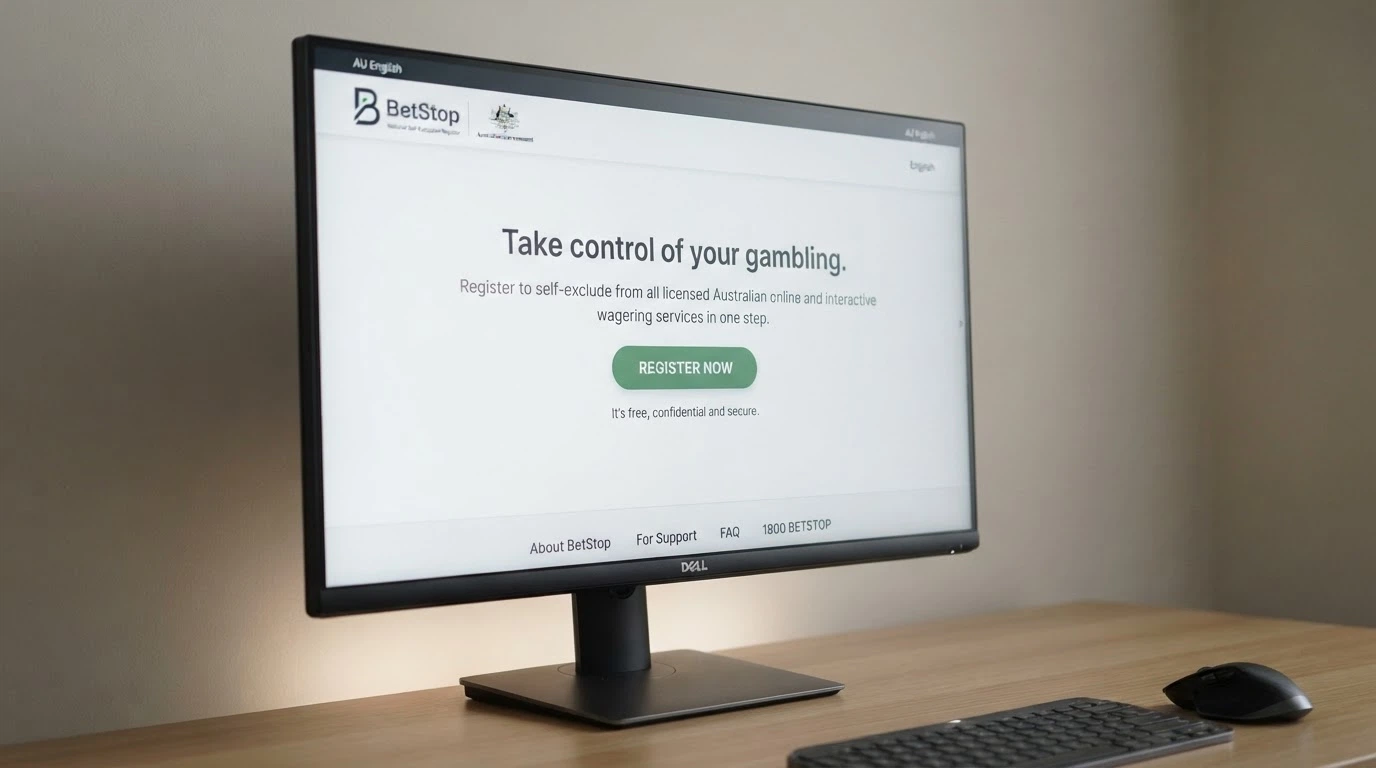 A desktop screen showing the BetStop National Self-Exclusion Register landing page with the registration button prominent