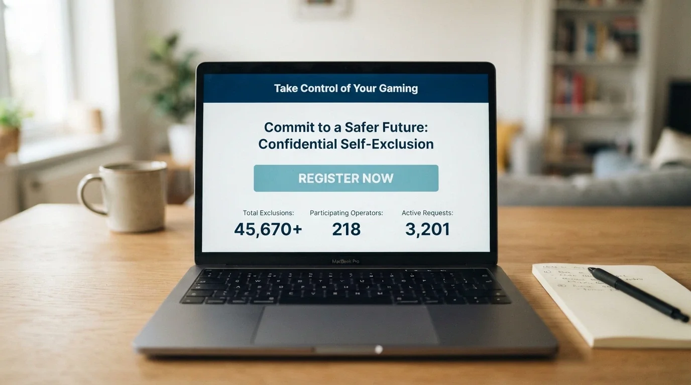 The BetStop National Self-Exclusion Register homepage showing the registration button and key statistics