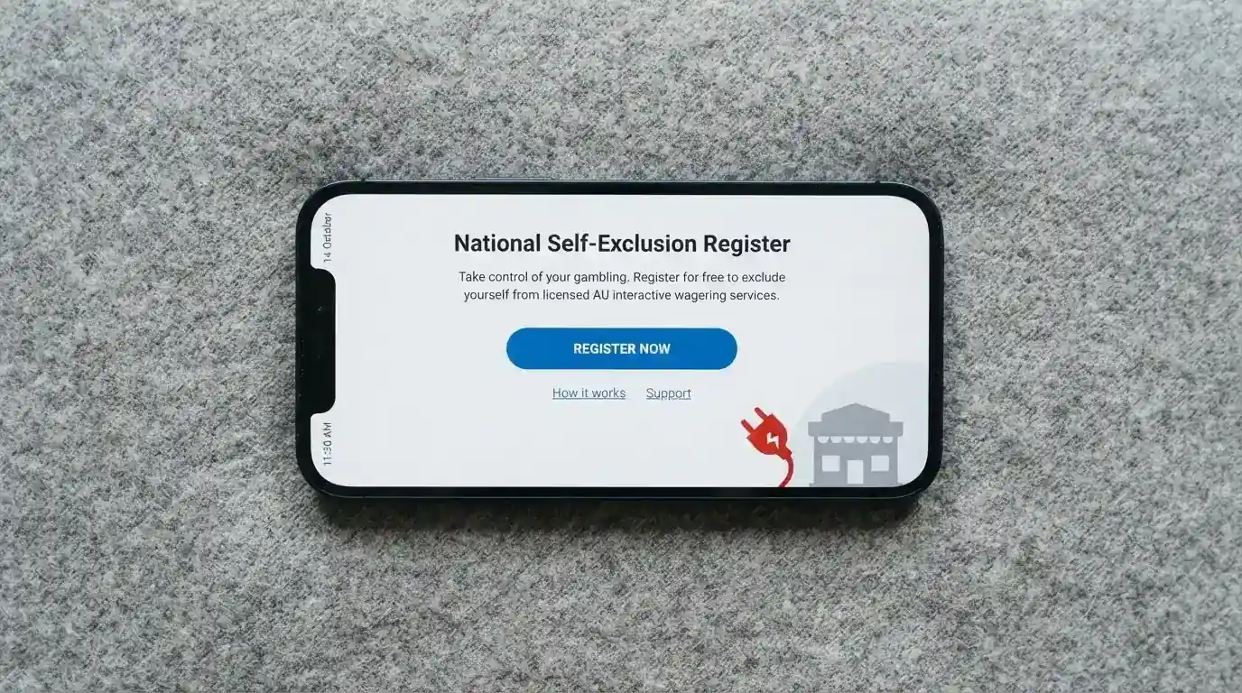 A phone screen displaying the BetStop National Self-Exclusion Register homepage, with the registration button prominent and a red disconnected-plug icon overlaid on an offshore casino logo beside it
