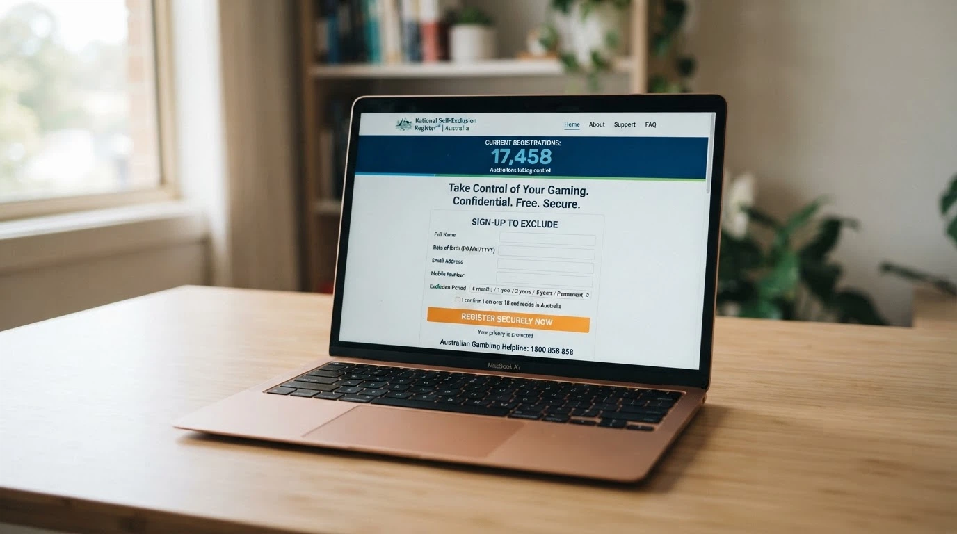 The BetStop.gov.au homepage on a laptop screen showing the national self-exclusion register sign-up form and registration counter
