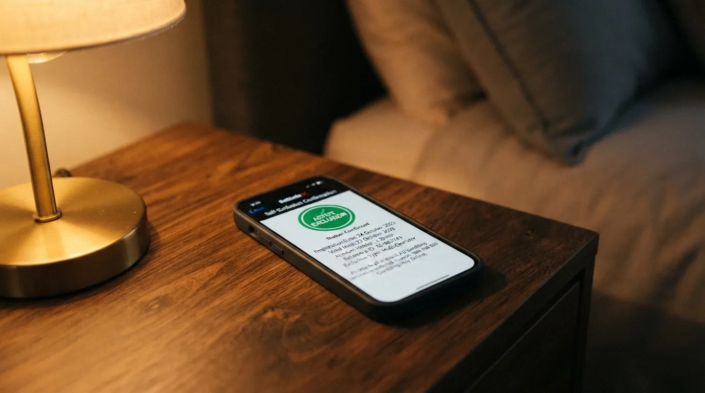 A smartphone showing the BetStop registration confirmation screen with a green “Active Exclusion” status badge and the date of registration visible