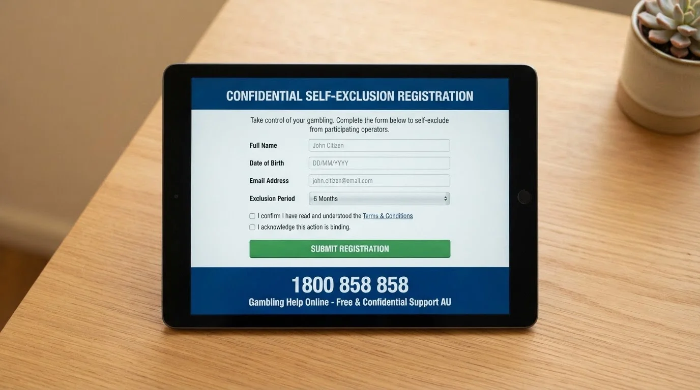 The BetStop National Self-Exclusion Register registration screen with the 1800 858 858 helpline number visible